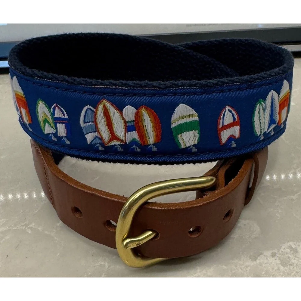 Leather Man LTD Essex CT USA - Canvas Leather Sailboats Belt Size 26 - Sailing